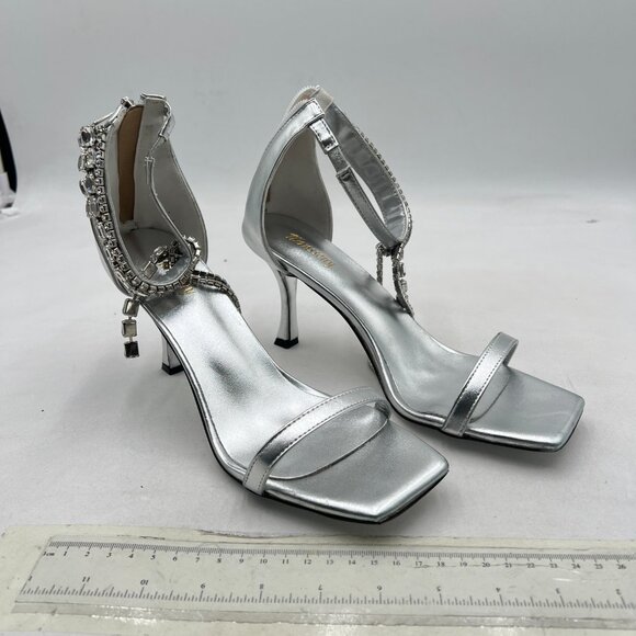 Wansseny Silver Gorgeous Rhinestone Ankle Strap Open Square Toe Back Zip Sandals - Picture 4 of 9